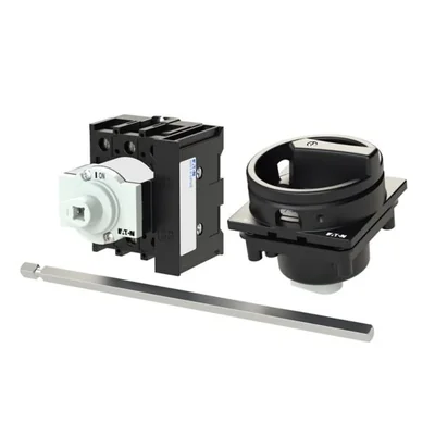 P1-32/M4/HI11/SVB-SW Main switch, 3 pole + 1 NO + 1 NC, 32 A, emergency stop function, padlockable in the Off position, with 400 mm metal shaft, remote mounting, black handle with padlockable function