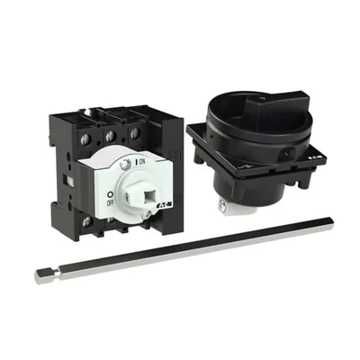 P1-32/M4/HI11/SVB-SW Main switch, 3 pole + 1 NO + 1 NC, 32 A, emergency stop function, padlockable in the Off position, with 400 mm metal shaft, remote mounting, black handle with padlockable function