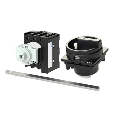 P1-32/M4/HI11/SVB-SW Main switch, 3 pole + 1 NO + 1 NC, 32 A, emergency stop function, padlockable in the Off position, with 400 mm metal shaft, remote mounting, black handle with padlockable function