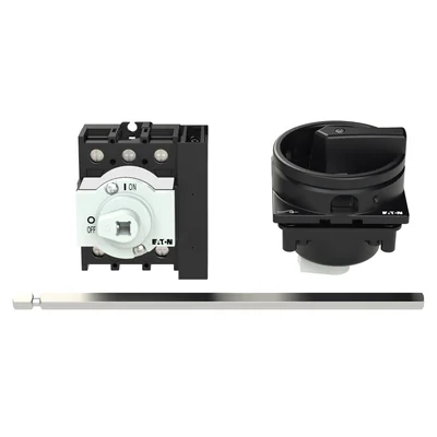 P1-32/M4/HI11/SVB-SW Main switch, 3 pole + 1 NO + 1 NC, 32 A, emergency stop function, padlockable in the Off position, with 400 mm metal shaft, remote mounting, black handle with padlockable function
