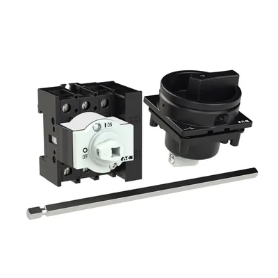 P1-32/M4/HI11/SVB-SW Main switch, 3 pole + 1 NO + 1 NC, 32 A, emergency stop function, padlockable in the Off position, with 400 mm metal shaft, remote mounting, black handle with padlockable function