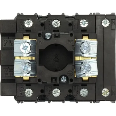 P3-100/EA/SVB-SW/N/HI11 Main switch, 3 pole + N + 1 NO + 1 NC, 100 A, emergency stop function, padlockable in the Off position, surface mounting, black knob with padlockable function