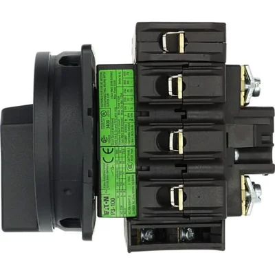 P3-100/EA/SVB-SW/N/HI11 Main switch, 3 pole + N + 1 NO + 1 NC, 100 A, emergency stop function, padlockable in the Off position, surface mounting, black knob with padlockable function