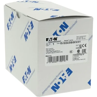 P3-100/EA/SVB-SW/N/HI11 Main switch, 3 pole + N + 1 NO + 1 NC, 100 A, emergency stop function, padlockable in the Off position, surface mounting, black knob with padlockable function
