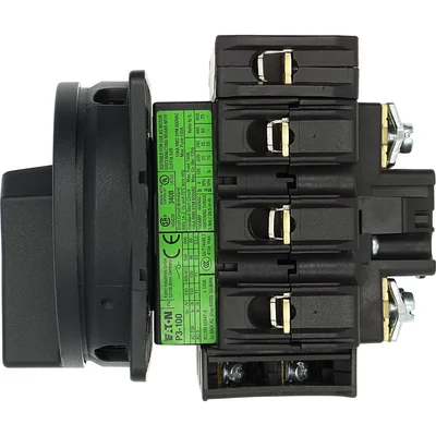 P3-100/EA/SVB-SW/N/HI11 Main switch, 3 pole + N + 1 NO + 1 NC, 100 A, emergency stop function, padlockable in the Off position, surface mounting, black knob with padlockable function