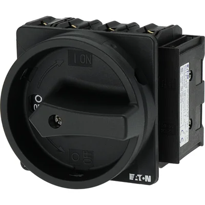 P3-100/EA/SVB-SW/N/HI11 Main switch, 3 pole + N + 1 NO + 1 NC, 100 A, emergency stop function, padlockable in the Off position, surface mounting, black knob with padlockable function