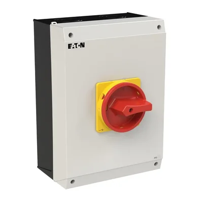 P3-100/I5/SVB/N Main switch, 3 poles + N, 100 A, in IP65 enclosure, red-yellow knob with padlock