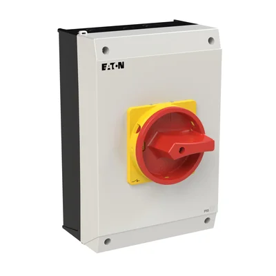 P3-63/I4/SVB/HI11 Interruptor principal, 3 polos +1NO+1NC, 63 A, en carcasa IP65, pomo rojo-amarillo con candado