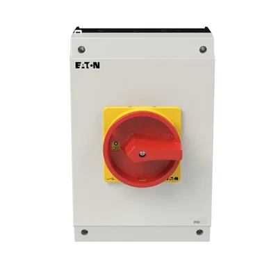 P3-63/I4/SVB/HI11 Main switch, 3 poles +1NO+1NC, 63 A, in IP65 enclosure, red-yellow knob with padlock