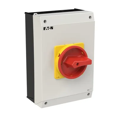 P3-63/I4/SVB/HI11 Main switch, 3 poles +1NO+1NC, 63 A, in IP65 enclosure, red-yellow knob with padlock