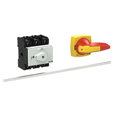 P3-63/M4/K2-PR Main switch, 3 pole, 63 A, emergency stop function, padlockable in the Off position, with 400 mm metal shaft, remote mounting, K2 red-yellow handle with padlockable function