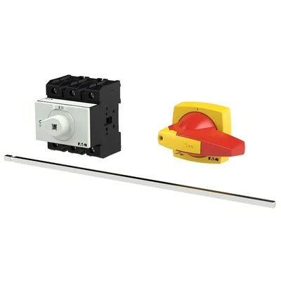 P3-63/M4/K2-PR Main switch, 3 pole, 63 A, emergency stop function, padlockable in the Off position, with 400 mm metal shaft, remote mounting, K2 red-yellow handle with padlockable function