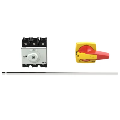 P3-63/M4/K2-PR Main switch, 3 pole, 63 A, emergency stop function, padlockable in the Off position, with 400 mm metal shaft, remote mounting, K2 red-yellow handle with padlockable function