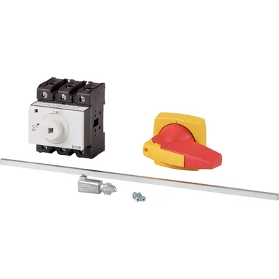 P3-63/M4/K2-PR Main switch, 3 pole, 63 A, emergency stop function, padlockable in the Off position, with 400 mm metal shaft, remote mounting, K2 red-yellow handle with padlockable function