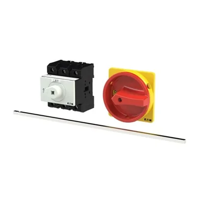 P3-63/M4/SVB Main switch, 3 pole, 63 A, emergency stop function, padlockable in the Off position, with 400 mm metal shaft, remote mounting, red/yellow handle with padlockable function