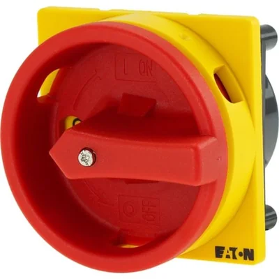 P3-63/M4/SVB Main switch, 3 pole, 63 A, emergency stop function, padlockable in the Off position, with 400 mm metal shaft, remote mounting, red/yellow handle with padlockable function