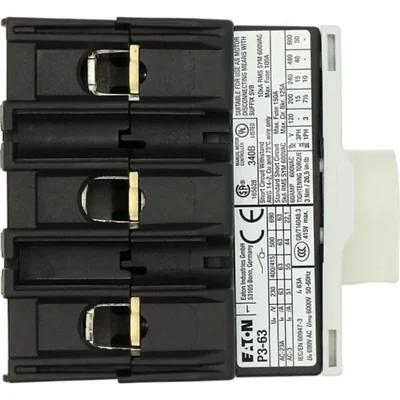 P3-63/M4/SVB Main switch, 3 pole, 63 A, emergency stop function, padlockable in the Off position, with 400 mm metal shaft, remote mounting, red/yellow handle with padlockable function