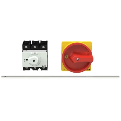 P3-63/M4/SVB Main switch, 3 pole, 63 A, emergency stop function, padlockable in the Off position, with 400 mm metal shaft, remote mounting, red/yellow handle with padlockable function