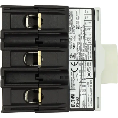 P3-63/M4/SVB Main switch, 3 pole, 63 A, emergency stop function, padlockable in the Off position, with 400 mm metal shaft, remote mounting, red/yellow handle with padlockable function