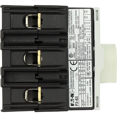 P3-63/M4/SVB Main switch, 3 pole, 63 A, emergency stop function, padlockable in the Off position, with 400 mm metal shaft, remote mounting, red/yellow handle with padlockable function