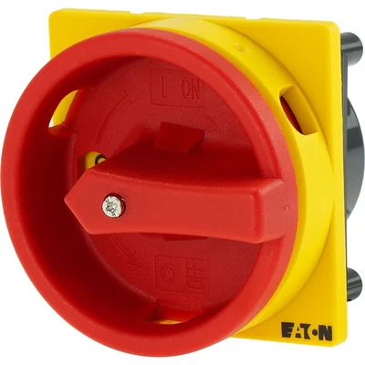 P3-63/M4/SVB Main switch, 3 pole, 63 A, emergency stop function, padlockable in the Off position, with 400 mm metal shaft, remote mounting, red/yellow handle with padlockable function