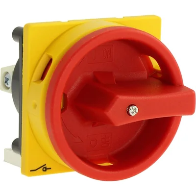 P3-63/M4/SVB Main switch, 3 pole, 63 A, emergency stop function, padlockable in the Off position, with 400 mm metal shaft, remote mounting, red/yellow handle with padlockable function