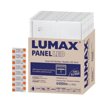 Panel LED retroiluminado de 40 W, 60 x 60 mm, 4400 lm, color natural, 4000 K, IP44, PZH.