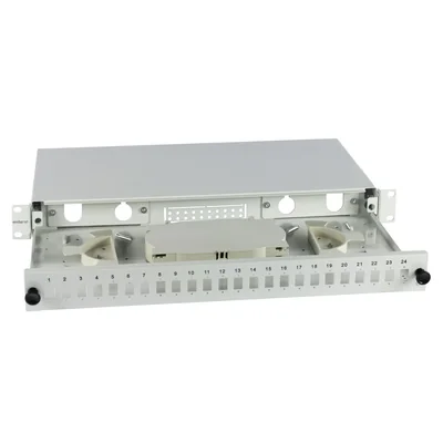 Pannello di permutazione scorrevole da 19" 1U con 24 connettori SC simplex (SC Simplex / E2000 / MTRJ / LC Duplex), colore grigio; include cassette e pressacavi per fibra ottica a 48 porte.