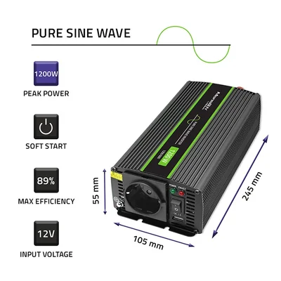 Перетворювач напруги Qoltec Monolith | 600 Вт | 1200 Вт | 12 В на 230 В | Pure Sinus