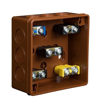 PF 12-inlet surface-mounted box with knockouts 86x86x40mm IP55 click-clack lid with terminals brown