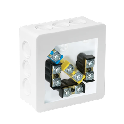 PF 12-inlet surface-mounted box with knockouts 86x86x40mm IP55 click-clack lid with terminals white