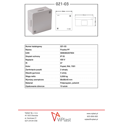 PF 4-inlet surface-mounted box with rubber glands 86x86x40mm IP55 cover for 2 screws gray