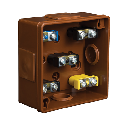 PF 4-inlet surface-mounted box with rubber glands 86x86x40mm IP55 cover for 2 screws with terminals brown