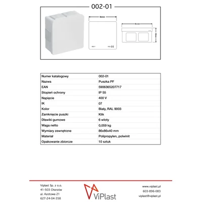 PF 6-inlet surface-mounted box with rubber glands 86x86x40mm IP55 click-clack cover white