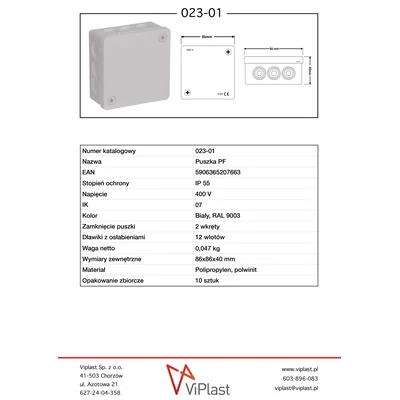 PF Caja de superficie con debilitamiento, 12 entradas, 86x86x40mm IP55, tapa para 2 tornillos, blanca