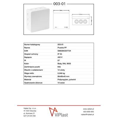 PF Krabice přisazená se zeslabením, 12-vstupová, 86x86x40mm, IP55, kryt click-clack, bílá