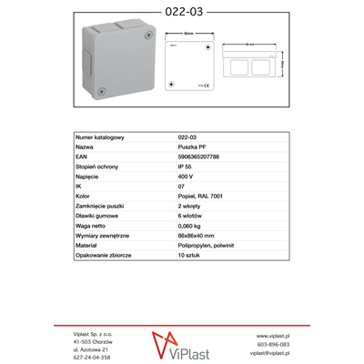 PF Puszka natynkowa z dławnicami gumowymi 6-wlotowa 86x86x40mm IP55 dekiel na 2 wkręty popiel