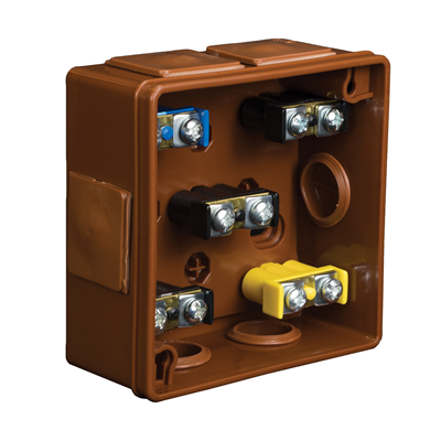 PF Surface-mounted box with rubber glands 6-inlet 86x86x40mm IP55 cover for 2 screws with terminals brown