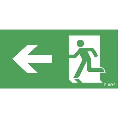 Pictogramme 150x300, feuille 24, flèche gauche, garçon dans la porte, logo awex (ISO7010)