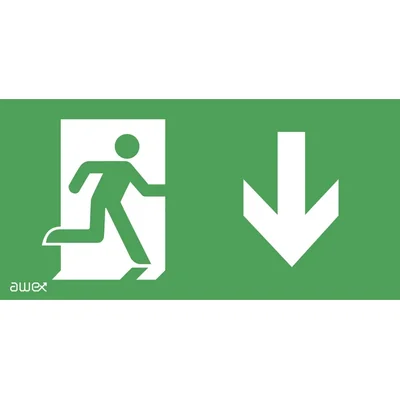 Pictogramme 150x300, feuille 27, paysan dans la porte, flèche vers le bas, logo awex (ISO7010)