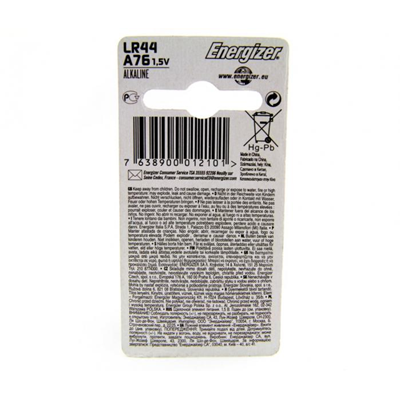 Pila de botón alcalina LR44/A76 Energizer ALCALINA 1.5V 2uds