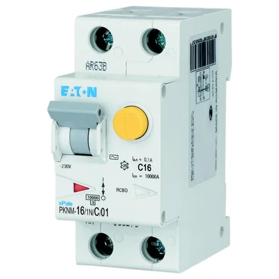 PKNM-16/1N/C/01-MW Interruttore automatico combinato 10kA, In=16A, IΔN=0.1A, caratteristica C, tipo AC, 1+N polo. Serie PKNM