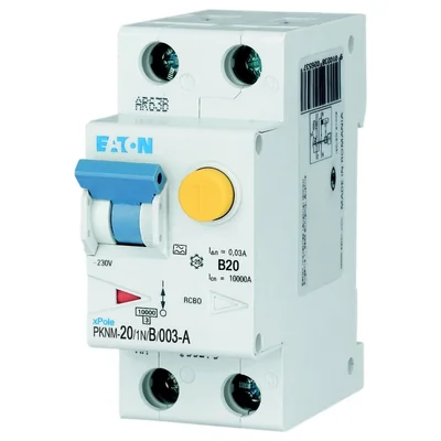 PKNM-20/1N/B/003-A-MW Interruttore automatico combinato 10kA, In=20A, IΔN=0.03A, char. B, Tipo A, 1+N polo. Serie PKNM