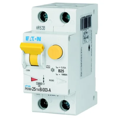 PKNM-25/1N/B/003-A-MW Combined circuit breaker 10kA, In=25A, IΔN=0.03A, char. B, Type A, 1+N pole PKNM series