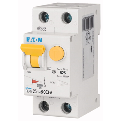 PKNM-25/1N/B/003-A-MW Combined circuit breaker 10kA, In=25A, IΔN=0.03A, char. B, Type A, 1+N pole PKNM series