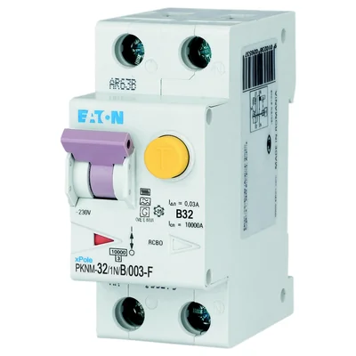 PKNM-32/1N/B/003-F-MW Interruttore automatico combinato 10kA, In=32A, IΔN=0.03A, char. B, Tipo F, 1+N polo. Serie PKNM