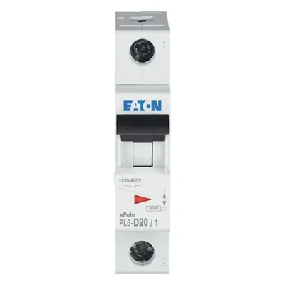 PL6-D20/1 Автоматичний вимикач струму надструму 6 кА, In=20 А, D-характеристика, 1-полюсний, серія PL6
