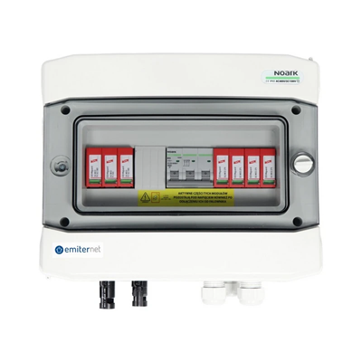 Platine de raccordement hermétique DCAC IP65 EMITER avec parafoudre DC Dehn 1000V type 2 1 x string PV 1 x MPPT parafoudre AC Dehn type 2 16A 3-F