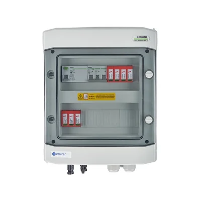 Platine de raccordement hermétique DCAC IP65 EMITER avec parafoudre DC Dehn 1000V type 2 1 x string PV 1 x parafoudre MPPT AC Dehn type 2 16A 3-F RCD type A 40A/300mA