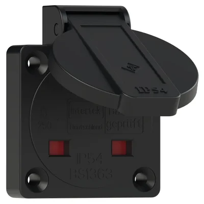 Platinensteckdose Englische Version 13A 2P+E 230V 50/60Hz IP54, seitlicher Anschlussflansch 50X50, vernickelte Kontakte